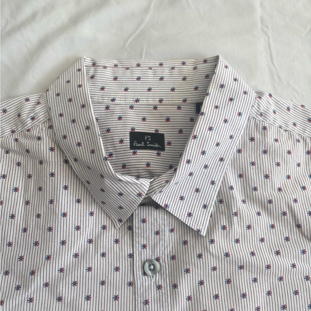 Paul Smith Men's White Shirt with Blue and Red Pattern